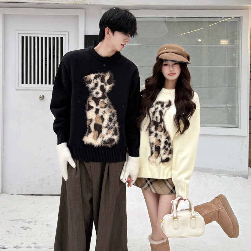 Casual Cartoon Round Neck Pullover High Weight Faux Mink Spotted Dog Sweater for Couples