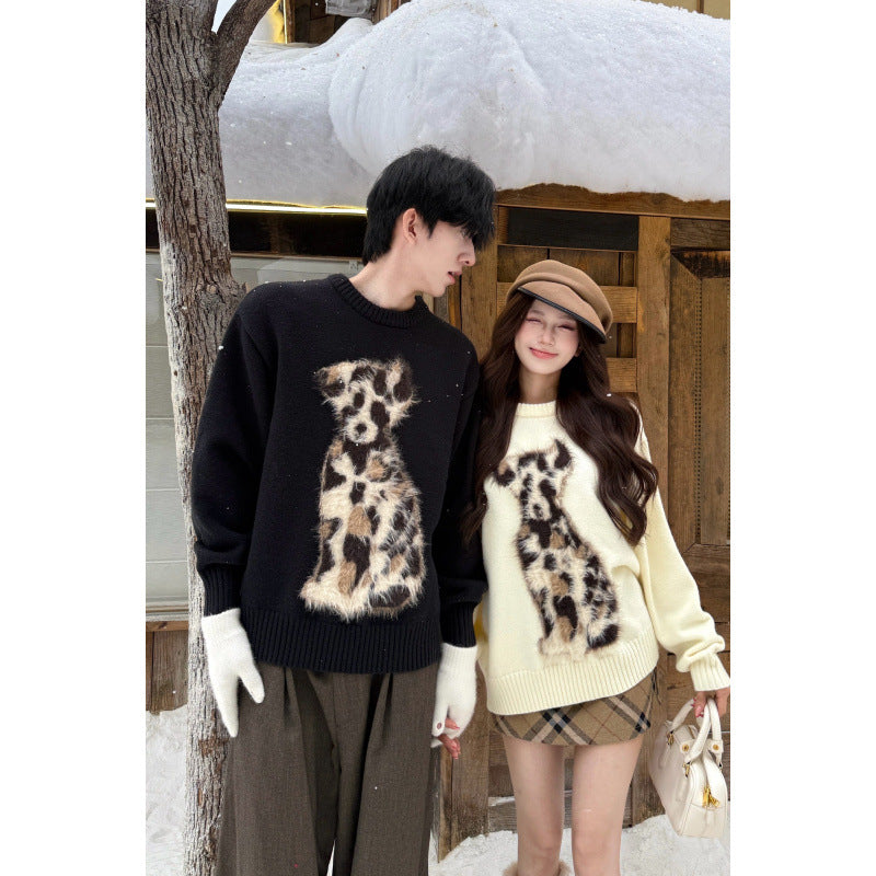 Casual Cartoon Round Neck Pullover High Weight Faux Mink Spotted Dog Sweater for Couples