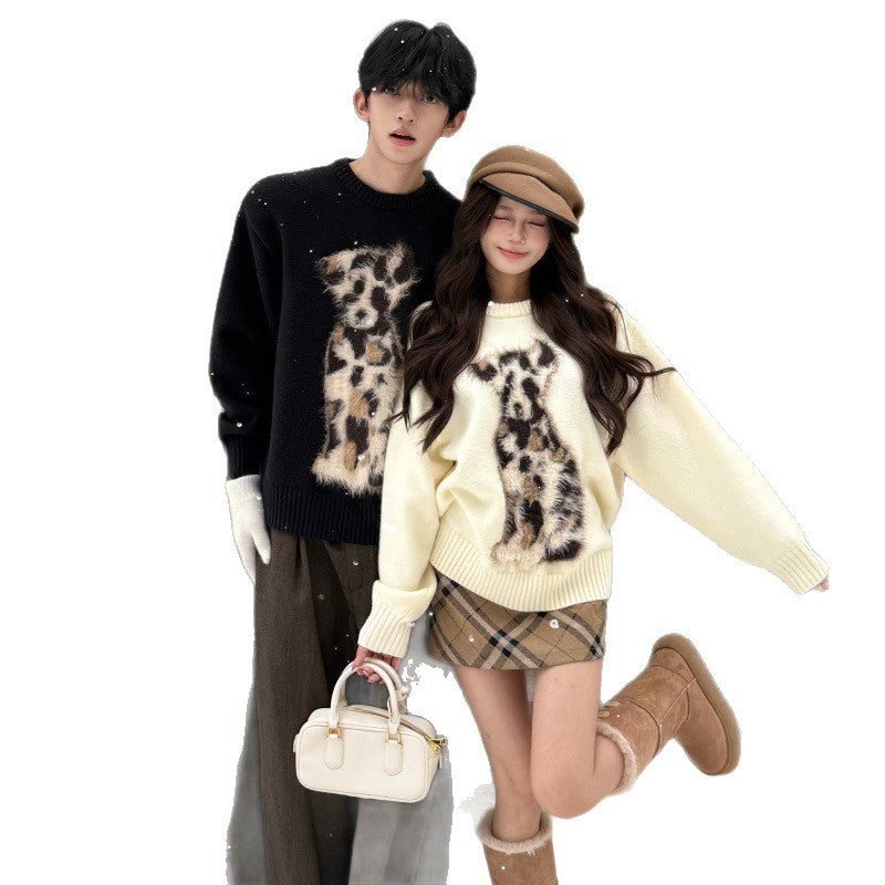 Casual Cartoon Round Neck Pullover High Weight Faux Mink Spotted Dog Sweater for Couples