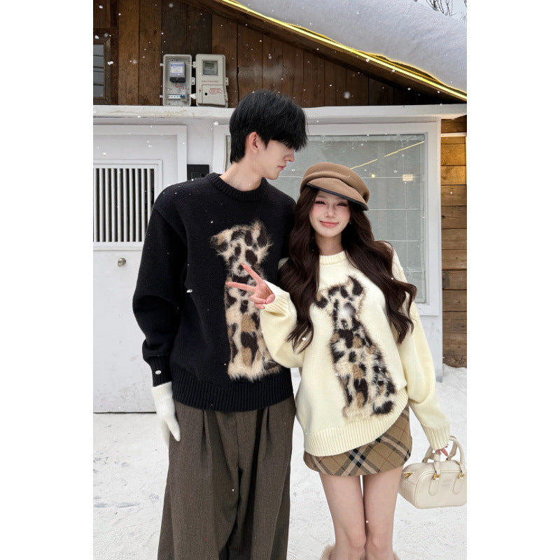 Casual Cartoon Round Neck Pullover High Weight Faux Mink Spotted Dog Sweater for Couples